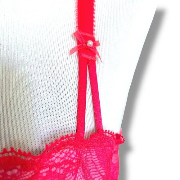 Victorias Secret 34A Bra Red Pink Lace Padded Push Up Balconette Underwire Bows - Picture 5 of 9